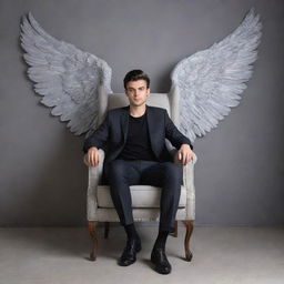 A handsome 22-year-old man sitting in a chair against a grey background wall embellished with wings design. The name 'Mr. Banik' is creatively inscribed on the wall.