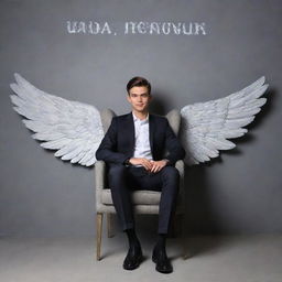 A handsome 22-year-old man sitting in a chair against a grey background wall embellished with wings design. The name 'Mr. Banik' is creatively inscribed on the wall.