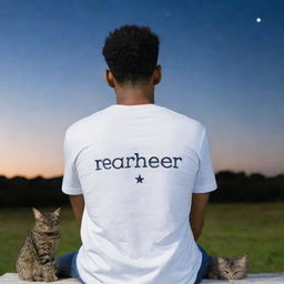 A view from the back of a handsome man, with 'Raheem' written on his clothing, sitting with a cat under a star-filled sky, both looking upwards.