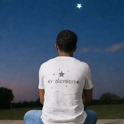 A view from the back of a handsome man, with 'Raheem' written on his clothing, sitting with a cat under a star-filled sky, both looking upwards.