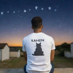 A view from the back of a handsome man, with 'Raheem' written on his clothing, sitting with a cat under a star-filled sky, both looking upwards.