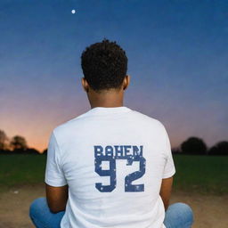 A view from the back of a handsome man, with 'Raheem' written on his clothing, sitting with a cat under a star-filled sky, both looking upwards.