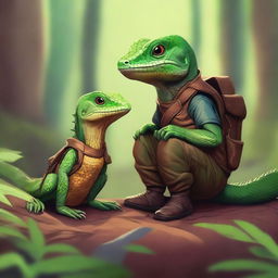 A high-quality digital art piece showcasing small pet lizards crawling all over