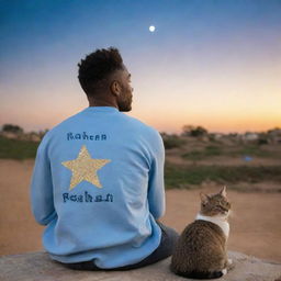 From behind, a handsome man with 'Raheem' written on his clothing is seen sitting with a cat, both gazing up at a star-studded sky.