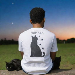 From behind, a handsome man with 'Raheem' written on his clothing is seen sitting with a cat, both gazing up at a star-studded sky.