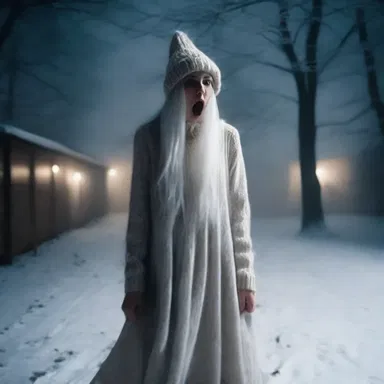 The woman in the horror movie screamed as the ghostly figure approached, knocking her tiny toque off her head.