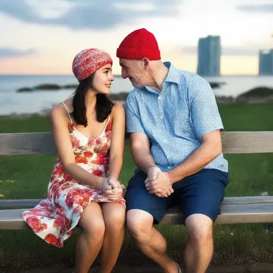 As the sun set, the couple sat together on a bench, the woman wearing a floral toque that perfectly matched her dress.