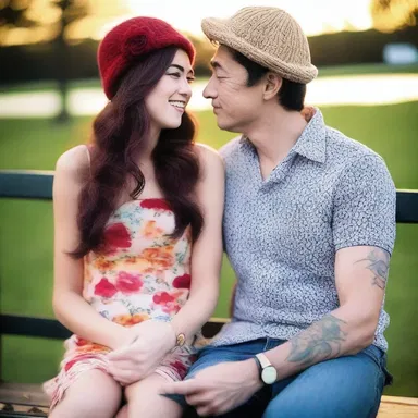 As the sun set, the couple sat together on a bench, the woman wearing a floral toque that perfectly matched her dress.