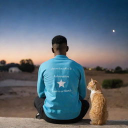 From behind, a handsome man with 'Raheem' written on his clothing is seen sitting with a cat, both gazing up at a star-studded sky.