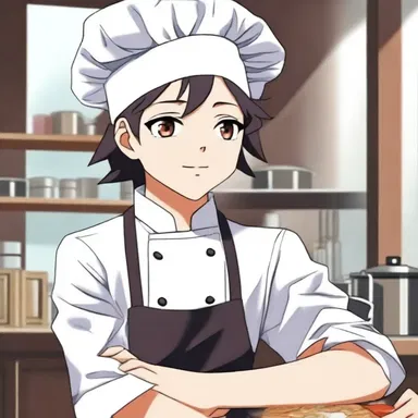 The main character in the anime series is a talented young chef who always wears a toque while cooking in the restaurant.