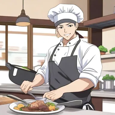The main character in the anime series is a talented young chef who always wears a toque while cooking in the restaurant.