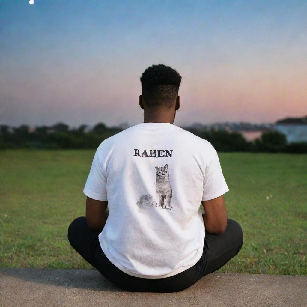 From behind, a handsome man with 'Raheem' written on his clothing is seen sitting with a cat, both gazing up at a star-studded sky.