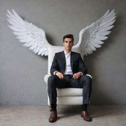 A handsome 22-year-old man casually sitting in a chair with one leg crossed over the other, backed by a grey wall featuring large wings. The name 'Mr. Banik' is stylishly inscribed on the wall.