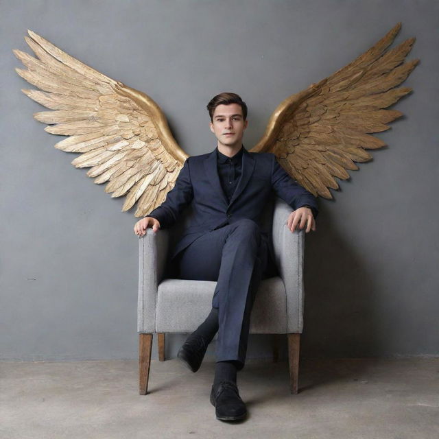 A handsome 22-year-old man casually sitting in a chair with one leg crossed over the other, backed by a grey wall featuring large wings. The name 'Mr. Banik' is stylishly inscribed on the wall.