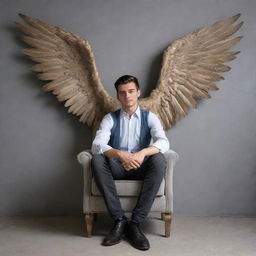 A handsome 22-year-old man casually sitting in a chair with one leg crossed over the other, backed by a grey wall featuring large wings. The name 'Mr. Banik' is stylishly inscribed on the wall.