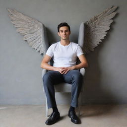 A handsome 22-year-old man casually sitting in a chair with one leg crossed over the other, backed by a grey wall featuring large wings. The name 'Mr. Banik' is stylishly inscribed on the wall.