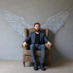 A handsome 20-year-old bearded man lounging in a chair, one leg crossed over the other, against a grey wall adorned with huge wings. The name 'Mr. Banik' is artfully written on the wall.