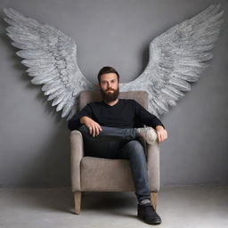 A handsome 20-year-old bearded man lounging in a chair, one leg crossed over the other, against a grey wall adorned with huge wings. The name 'Mr. Banik' is artfully written on the wall.