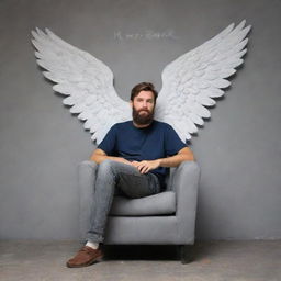 A handsome 20-year-old bearded man lounging in a chair, one leg crossed over the other, against a grey wall adorned with huge wings. The name 'Mr. Banik' is artfully written on the wall.