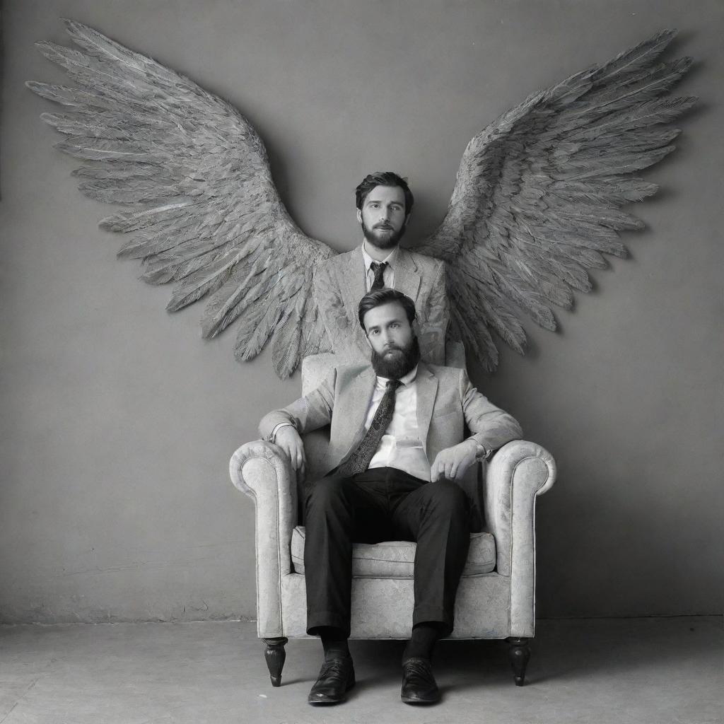 A handsome 20-year-old bearded man lounging in a chair, one leg crossed over the other, against a grey wall adorned with huge wings. The name 'Mr. Banik' is artfully written on the wall.