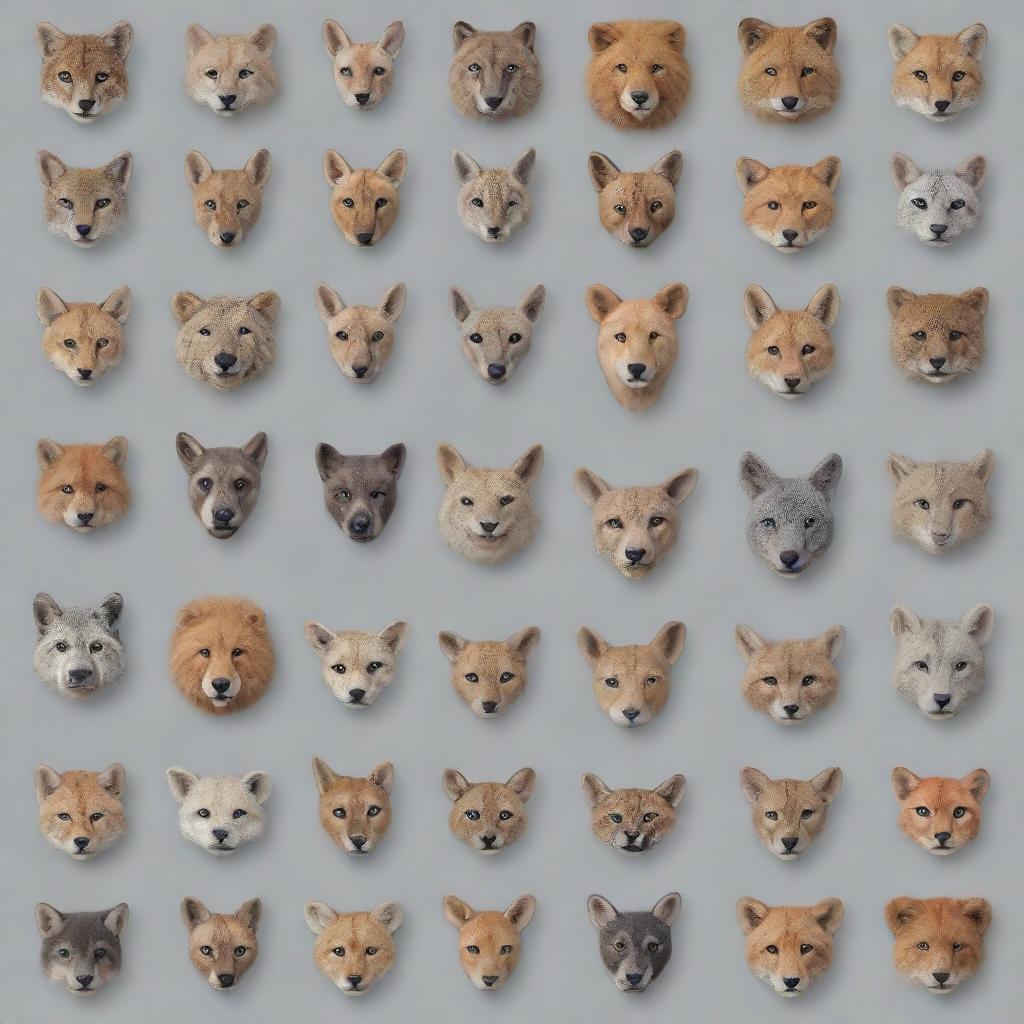 Generate a compilation of animated animal faces each adorned with the respective animal's name.