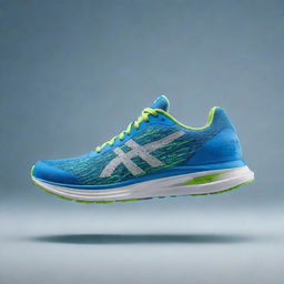 Create a sleek and stylized running shoe silhouette in motion. Include a dynamic forward movement element. Embellish with the bold, modern text 'SwiftSole'. Dress with a color palette of energetic blues and vibrant greens to convey a sense of speed and freshness.