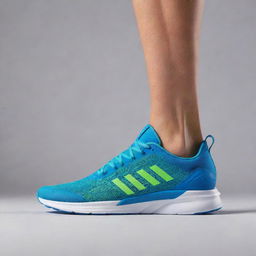 Create a sleek and stylized running shoe silhouette in motion. Include a dynamic forward movement element. Embellish with the bold, modern text 'SwiftSole'. Dress with a color palette of energetic blues and vibrant greens to convey a sense of speed and freshness.