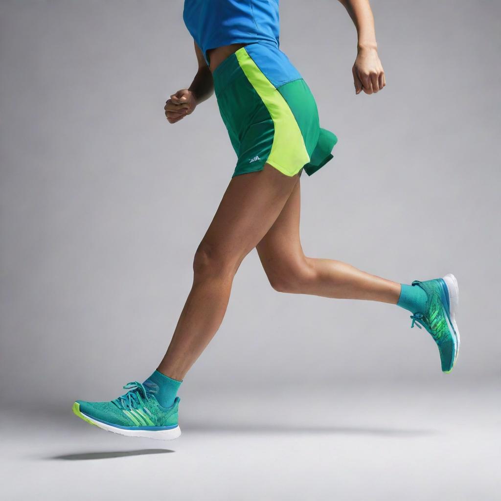 Create a sleek and stylized running shoe silhouette in motion. Include a dynamic forward movement element. Embellish with the bold, modern text 'SwiftSole'. Dress with a color palette of energetic blues and vibrant greens to convey a sense of speed and freshness.