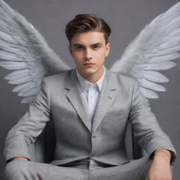 A 22-year-old handsome boy sitting in a chair, with ethereal wings in the background. The background is of a unified grey color, with the words 'Mr. Banik' artfully inscribed in them.