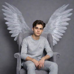 A 22-year-old handsome boy sitting in a chair, with ethereal wings in the background. The background is of a unified grey color, with the words 'Mr. Banik' artfully inscribed in them.