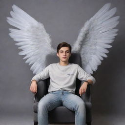 A 22-year-old handsome boy sitting in a chair, with ethereal wings in the background. The background is of a unified grey color, with the words 'Mr. Banik' artfully inscribed in them.