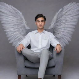 A 22-year-old handsome boy sitting in a chair, with ethereal wings in the background. The background is of a unified grey color, with the words 'Mr. Banik' artfully inscribed in them.