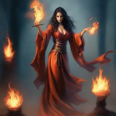 The sorceress raised her wand and caused the flames to waver and dance in the air.