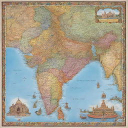 A vibrant and detailed map of India showcasing its distinct regions, cities, rivers, and cultural landmarks.