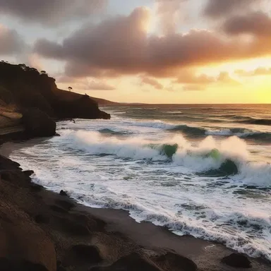 The camera captured the beautiful sunset as the waves wavered against the rocky shore in the movie.