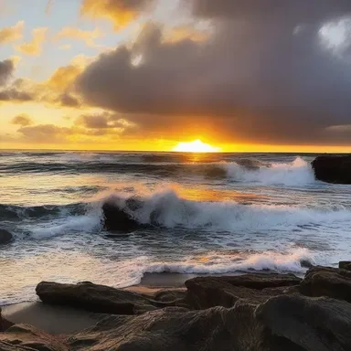 The camera captured the beautiful sunset as the waves wavered against the rocky shore in the movie.