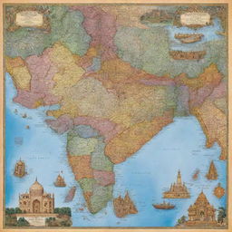 A vibrant and detailed map of India showcasing its distinct regions, cities, rivers, and cultural landmarks.