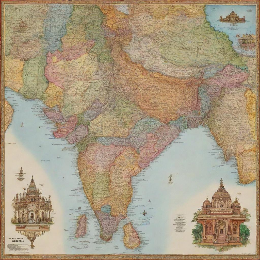 A vibrant and detailed map of India showcasing its distinct regions, cities, rivers, and cultural landmarks.