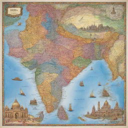 A vibrant and detailed map of India showcasing its distinct regions, cities, rivers, and cultural landmarks.