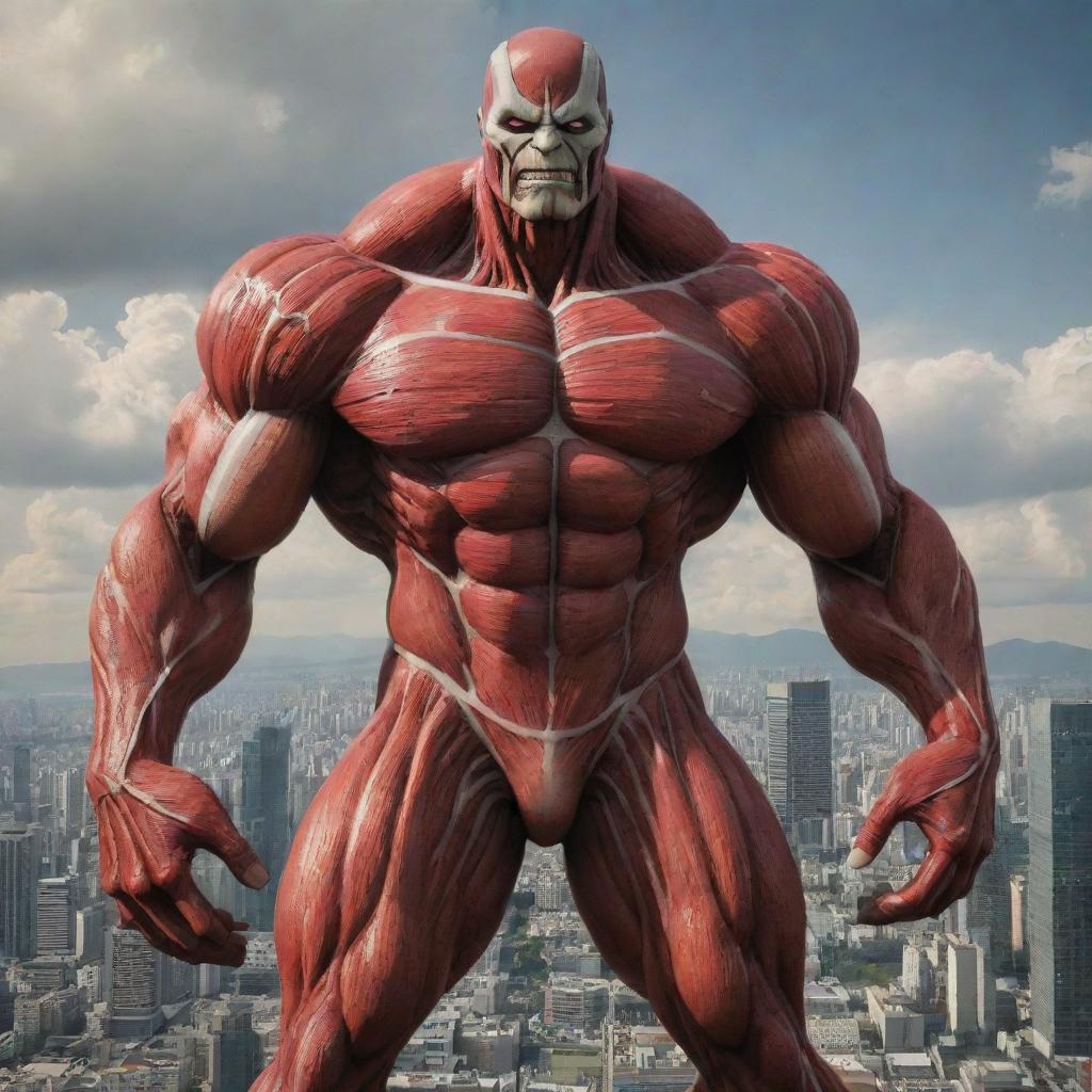 A colossal titan in outstanding scale, towering above the cityscape, with detailed muscle structure and fearsome features.