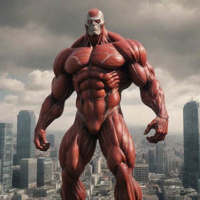 A colossal titan in outstanding scale, towering above the cityscape, with detailed muscle structure and fearsome features.