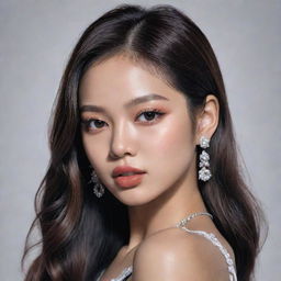 A realistic portrait of Blackpink's Jennie with her signature style, exuding confidence and charm.