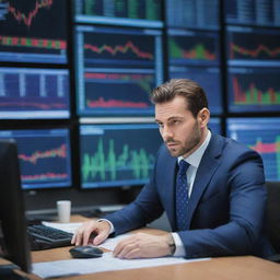 Professional trader in a bustling stock exchange, surrounded by screens displaying financial charts, while wearing a tailored suit and a focused expression