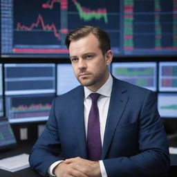 Professional trader in a bustling stock exchange, surrounded by screens displaying financial charts, while wearing a tailored suit and a focused expression