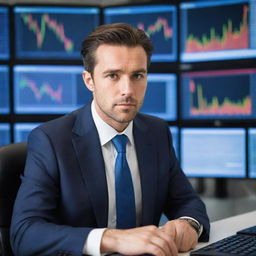 Professional trader in a bustling stock exchange, surrounded by screens displaying financial charts, while wearing a tailored suit and a focused expression