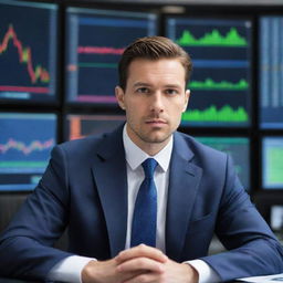 Professional trader in a bustling stock exchange, surrounded by screens displaying financial charts, while wearing a tailored suit and a focused expression