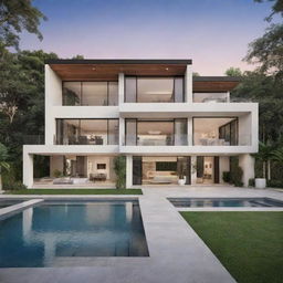 Generate an image of a professionally designed, modern and glamorous house, featuring a lavish exterior with prominent architectural features and a lush landscape.