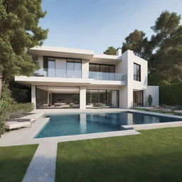 Generate an image of a professionally designed, modern and glamorous house, featuring a lavish exterior with prominent architectural features and a lush landscape.