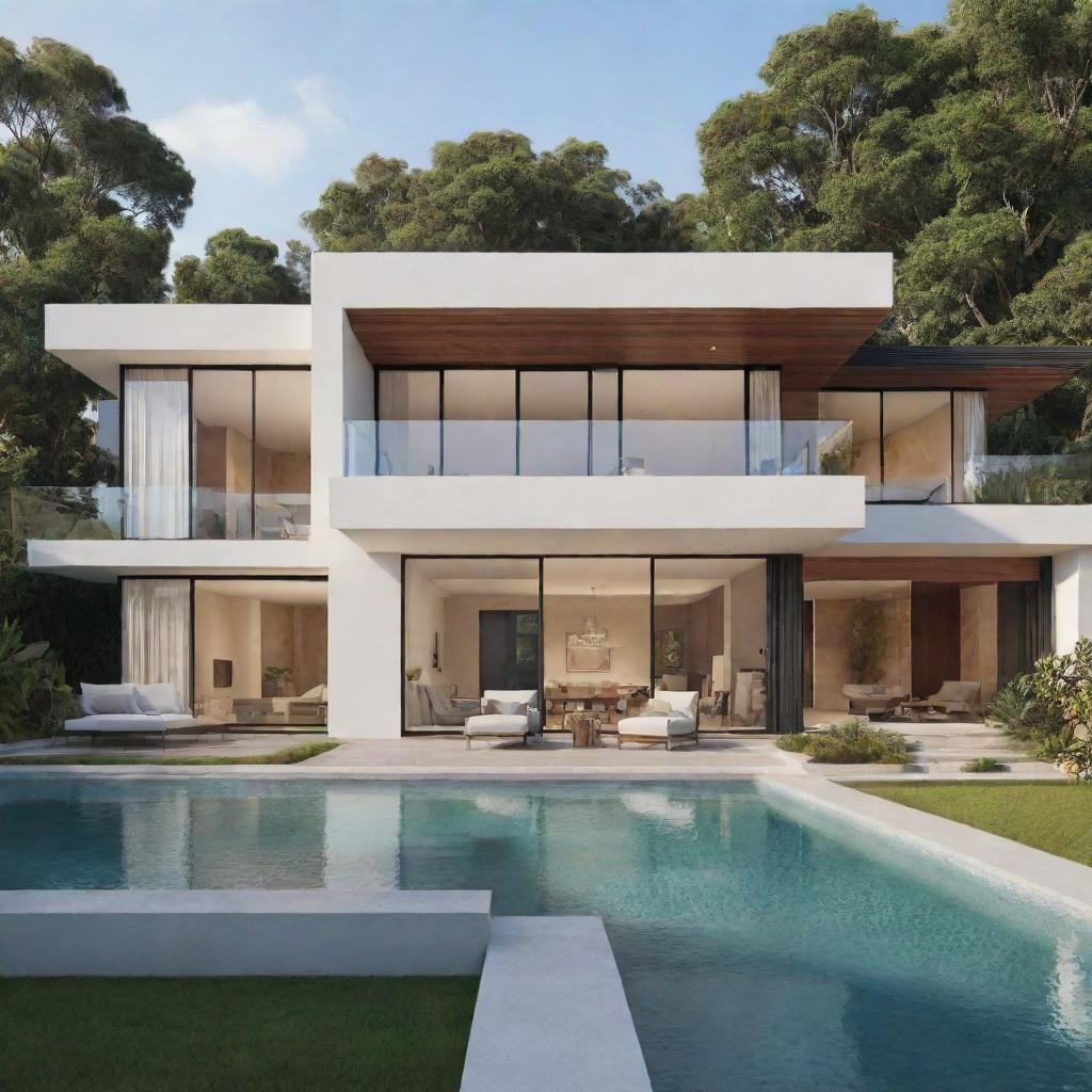 Generate an image of a professionally designed, modern and glamorous house, featuring a lavish exterior with prominent architectural features and a lush landscape.