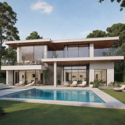 Generate an image of a professionally designed, modern and glamorous house, featuring a lavish exterior with prominent architectural features and a lush landscape.